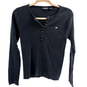Vtg Y2K Polo Ralph Lauren Henley Top L Preppy Rib Knit Black Bella Swan